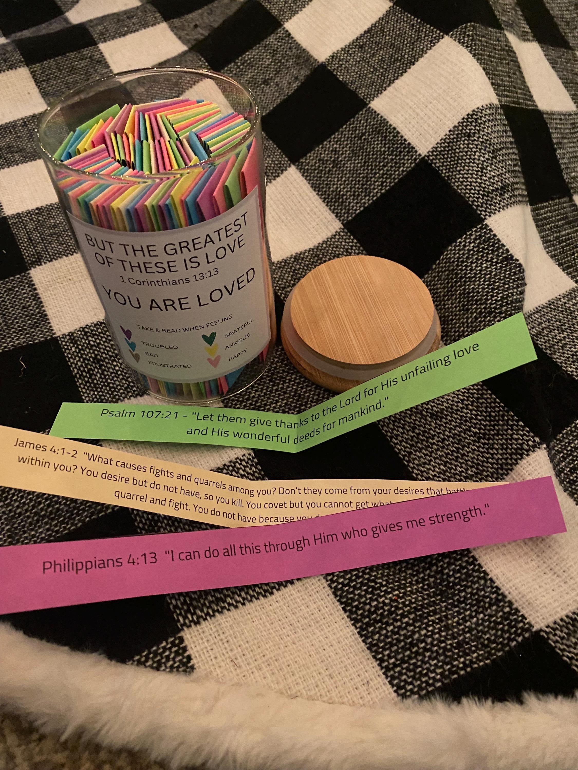 Bible Verse Jar, Christian Affirmations, Color Coded Scriptures, Read Me When You’re Feeling…. Scripture Jar. Mother's Day Gift.